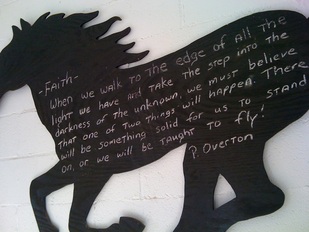 Quote by P. Overton about Faith written on a horse shaped chalk board